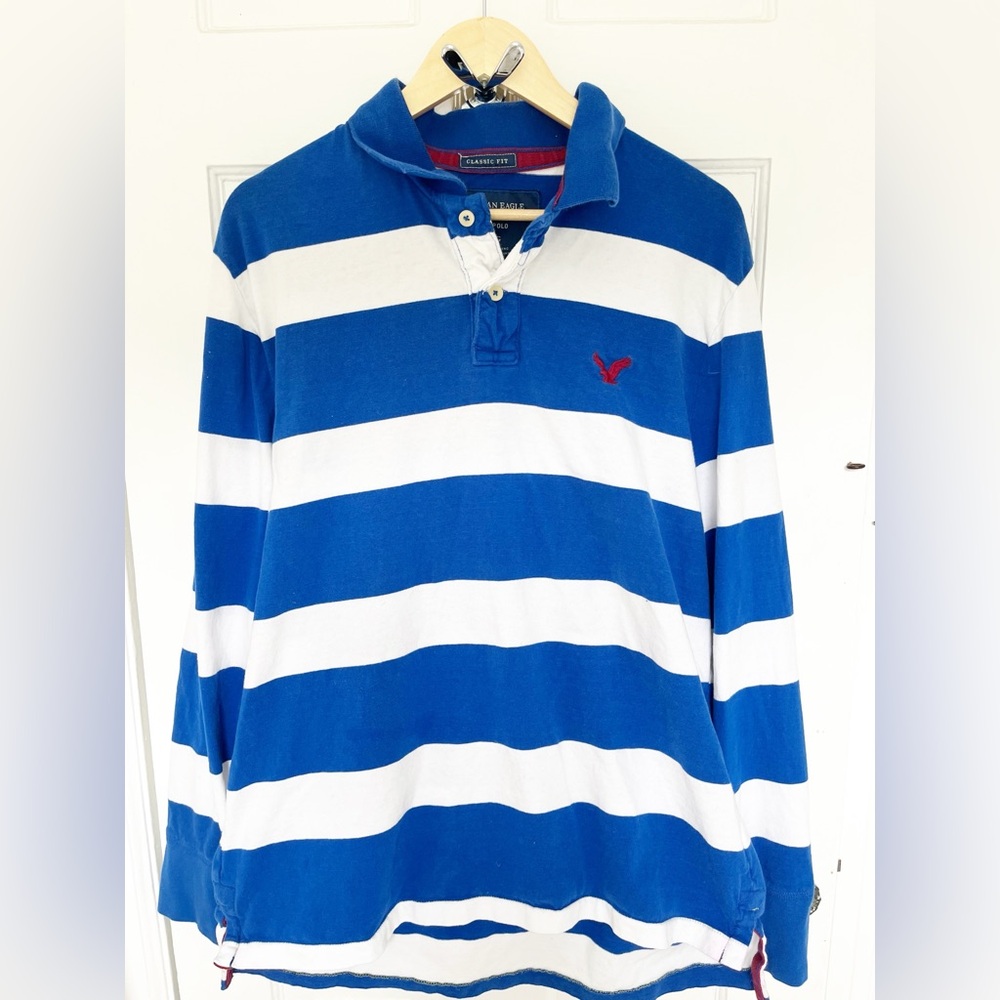 American Eagle Rugby Shirt Blue and White Mens X-Large Oversized Preppy Shirt